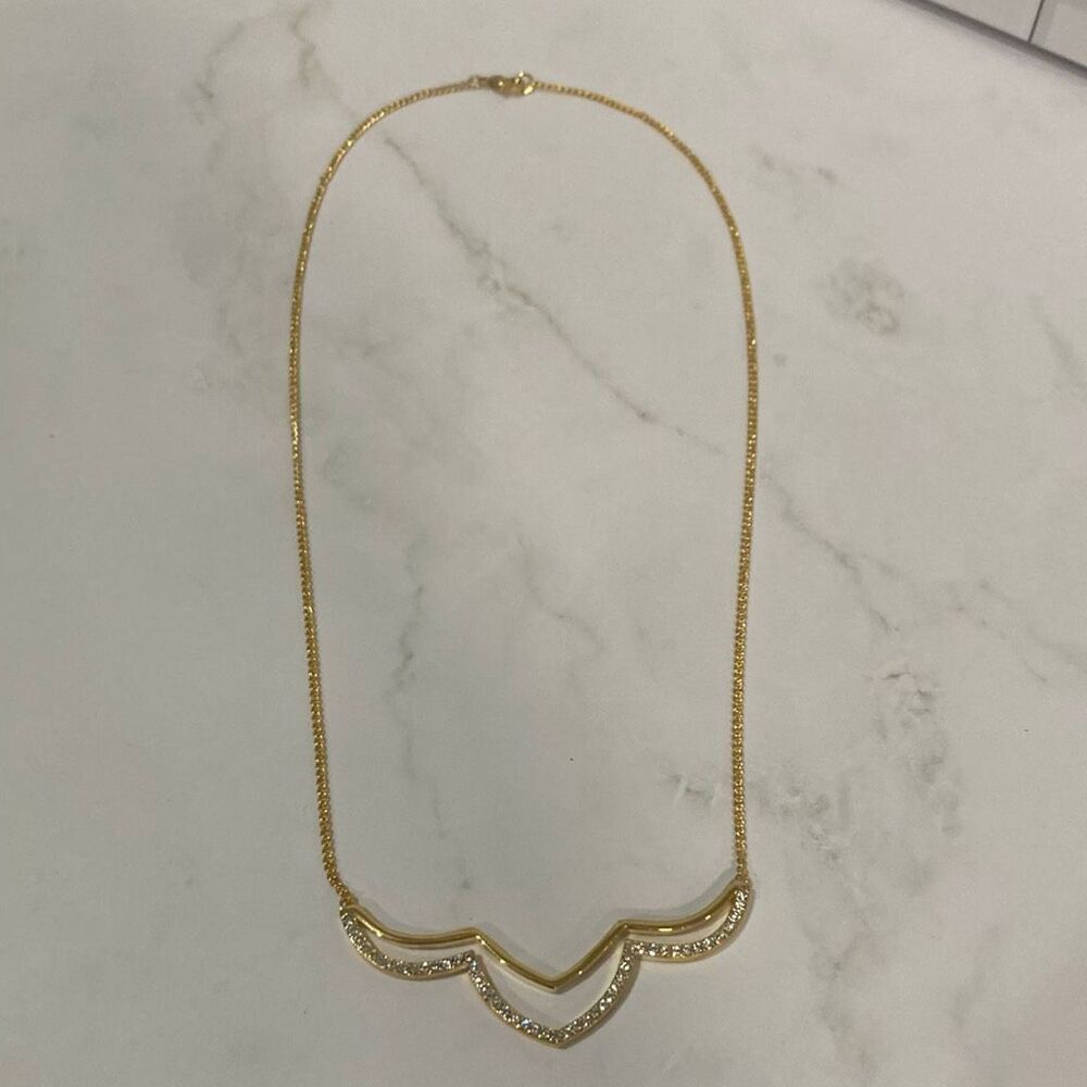 Gold Tone Rhinestone Chevron Statement Necklace 16" V Shape Sparkle